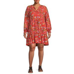 Orange Blue Floral Print Tiered Tunic Dress Size 2X 20W-22W Plus Boho Peasant